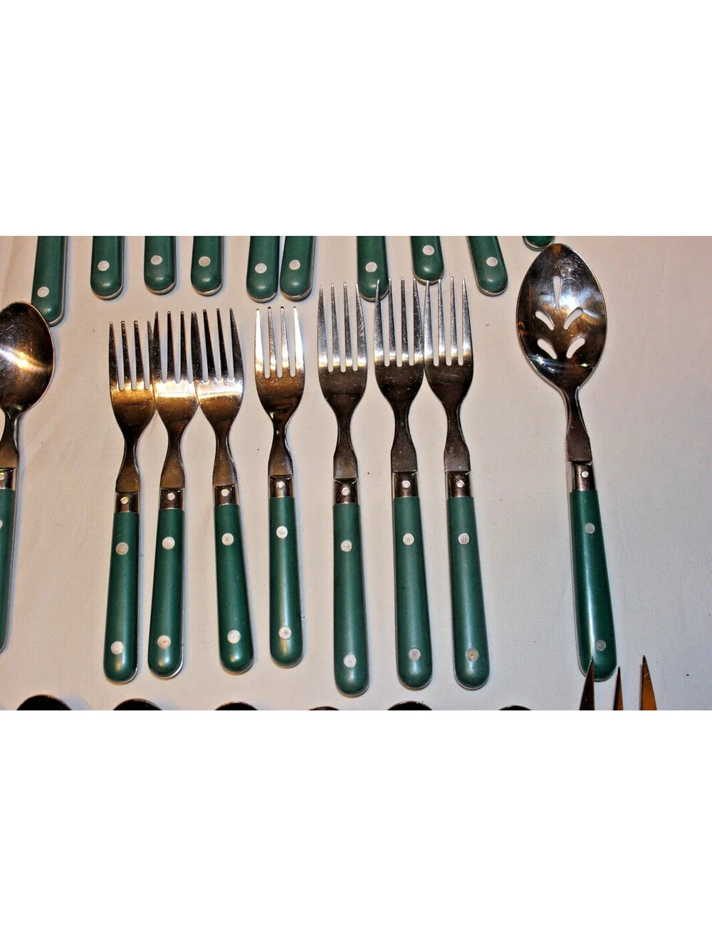 Vintage Mardi Gras Green Handle Stainless Flatware 35 Pc Lot WF China Retro